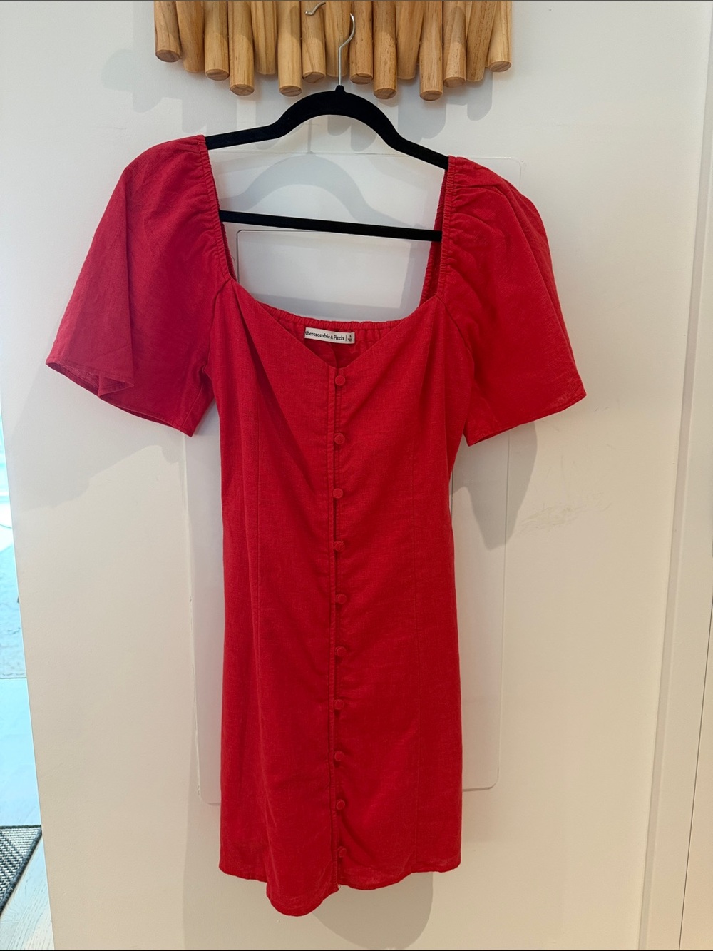 Abercrombie & Fitch Red Puff Sleeve Button-Front Mini Dress